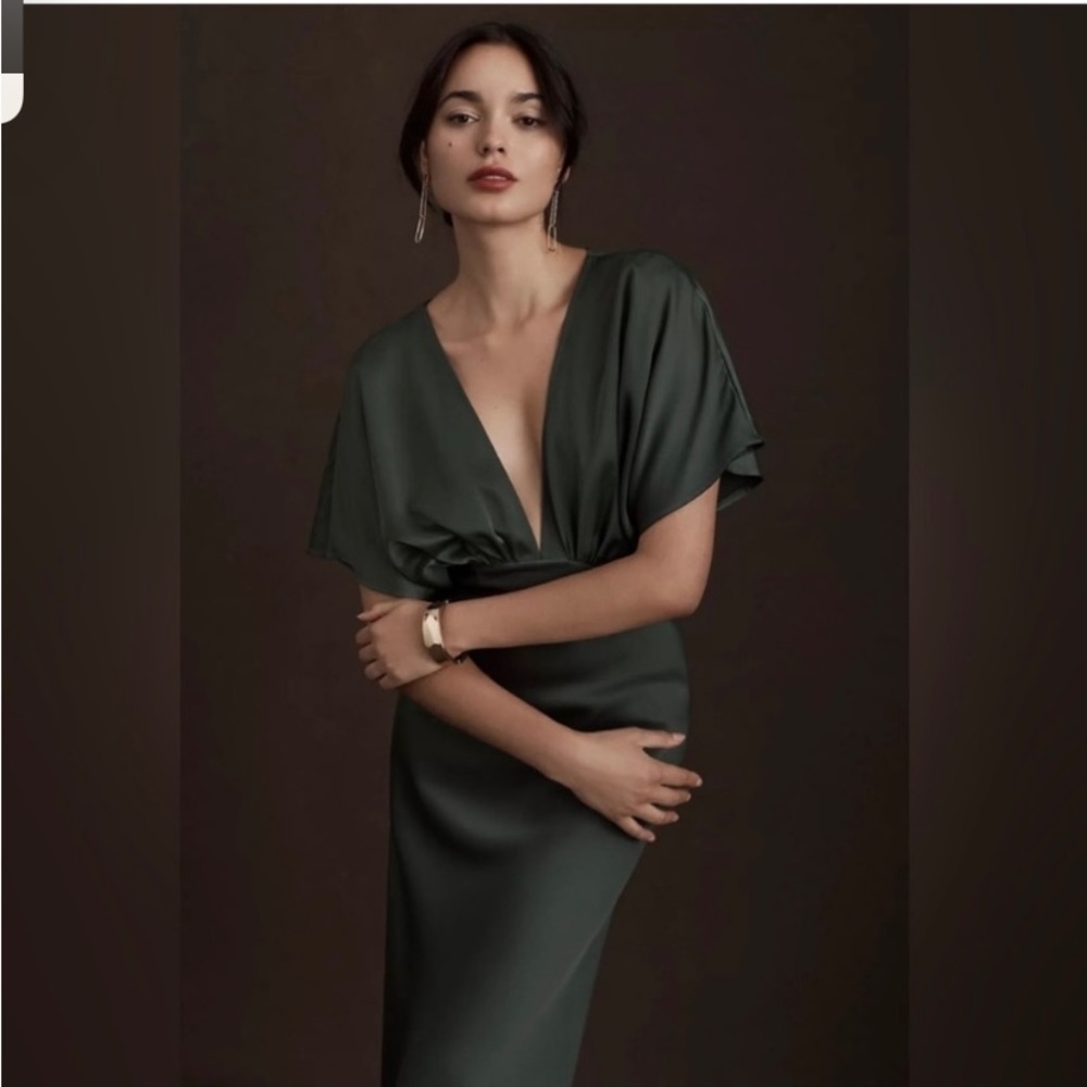 BHLDN Flutter Sleeve Bridesmaid Gown Forest Green